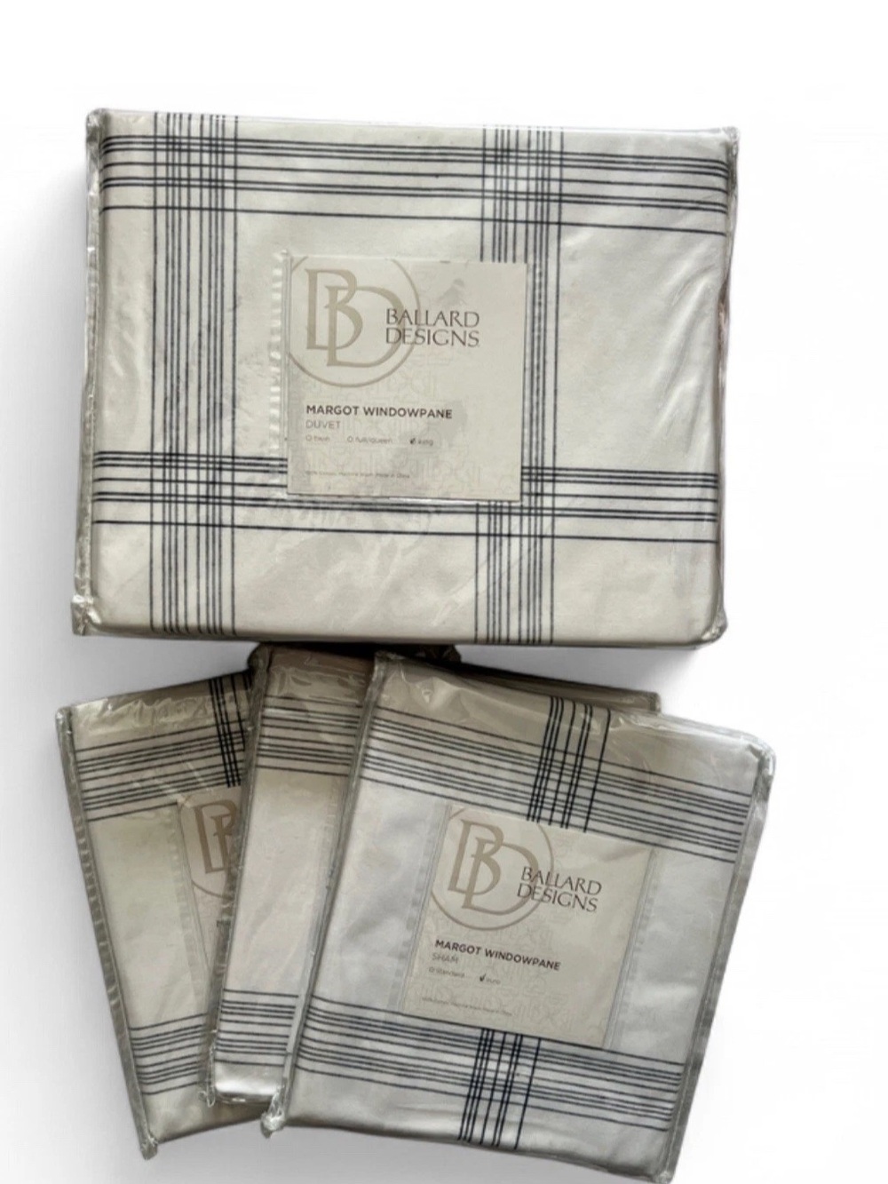 4pc Ballard Designs Navy Windowpane King Duvet & 3 Euro Shams NIP